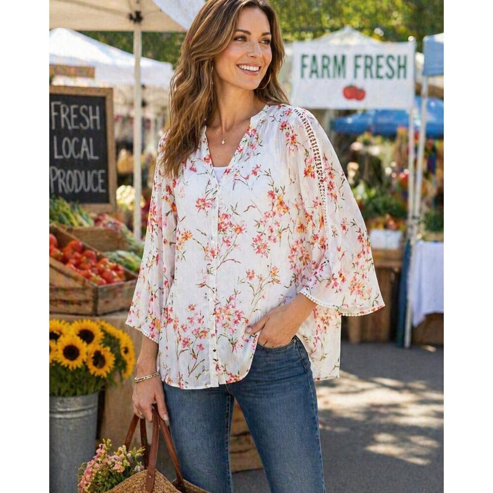Susan Graver Floral Sheer Blouse Tank Set L Hi Low Button Front